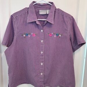 Blair Vintage Gingham Short Sleeve Button Up Shirt Flower Embroidery Womens LP
